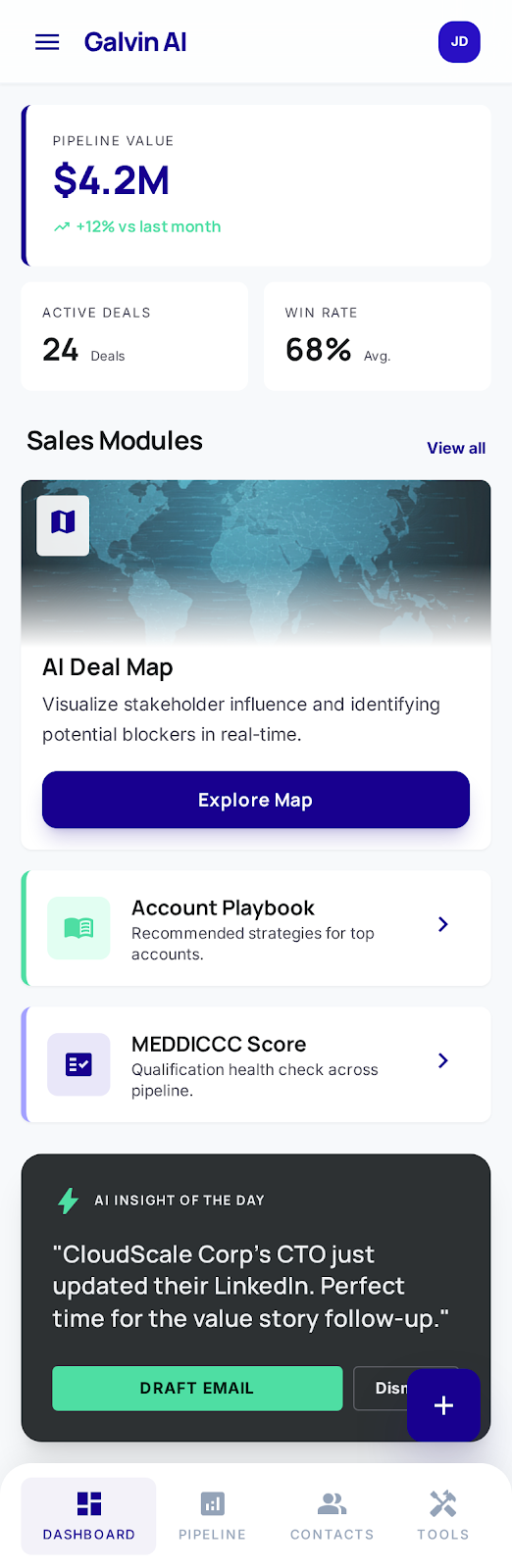 Galvin AI Dashboard — pipeline value, win rate, AI Deal Map, and sales modules at a glance