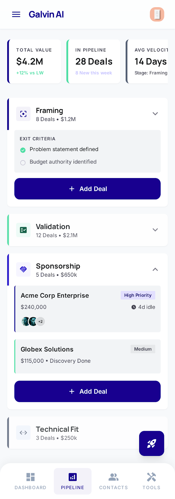 Galvin AI Pipeline view — manage deals across stages with real-time value tracking